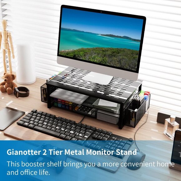 Desk Computer Monitor Stand Riser with Drawer and 2 Pen Holder, Desk Organizer, - Picture 5 of 7